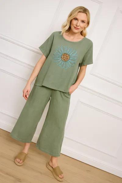 Ensemble Décontracté en Lin avec Broderie Fleurie, Vert Olive, Standard