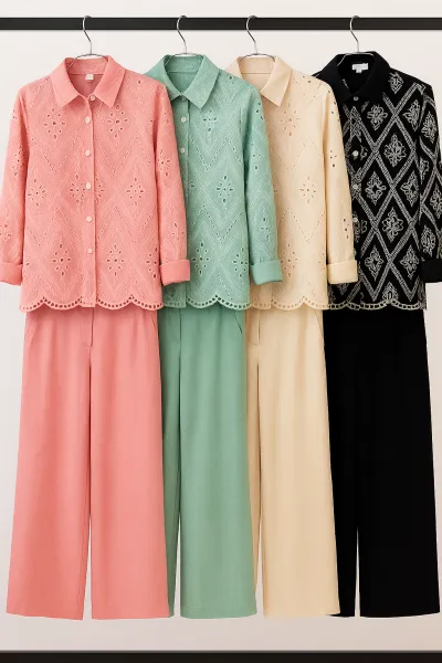 Ensemble Coordonné en Coton Brodé, Vert menthe, Standard