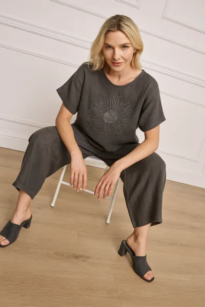 Ensemble Décontracté en Lin avec Broderie Fleurie, Gris Foncé, Standard
