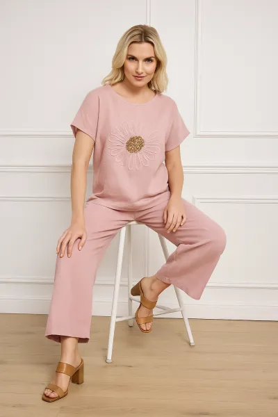 Ensemble Décontracté en Lin avec Broderie Fleurie, Rose Poudré, Standard