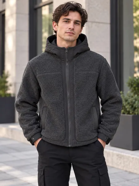 Nuage — Veste à capuche zippée à texture bouclée, Gris anthracite