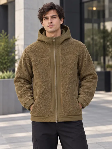 Nuage — Veste à capuche zippée à texture bouclée, Kaki brun, XXL