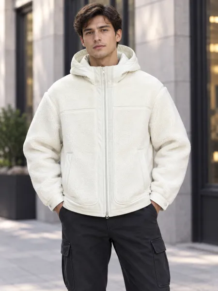 Nuage — Veste à capuche zippée à texture bouclée, Écru, XXL