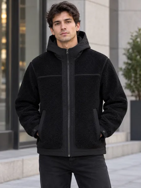 Nuage — Veste à capuche zippée à texture bouclée, Noir, XXL