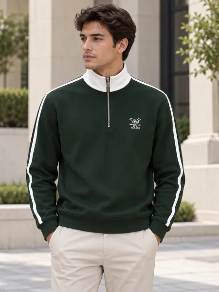 Tempo — Sweat à col montant demi-zippé et bandes contrastantes, Vert foncé/Blanc, L