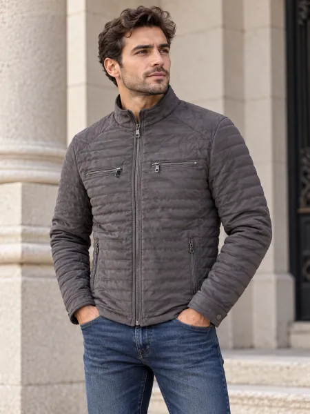 Veste matelassée à col montant et quatre poches zippées, Gris foncé, L