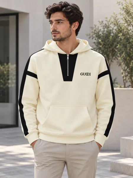 Cobalt — Sweat à capuche demi-zippé et empiècements contrastants, Écru/Noir, L