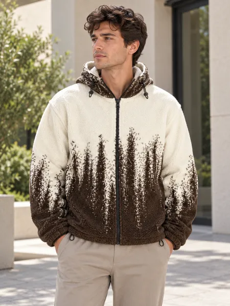 Veste à capuche zippée à texture bouclée et motif contrasté, Écru/Marron, M