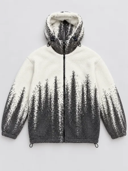 Atlas — Veste à capuche zippée à texture bouclée et motif contrasté, Écru/Gris, M