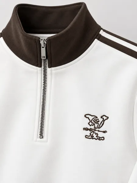 Tempo — Sweat à col montant demi-zippé et bandes contrastantes, Blanc/Brun, L