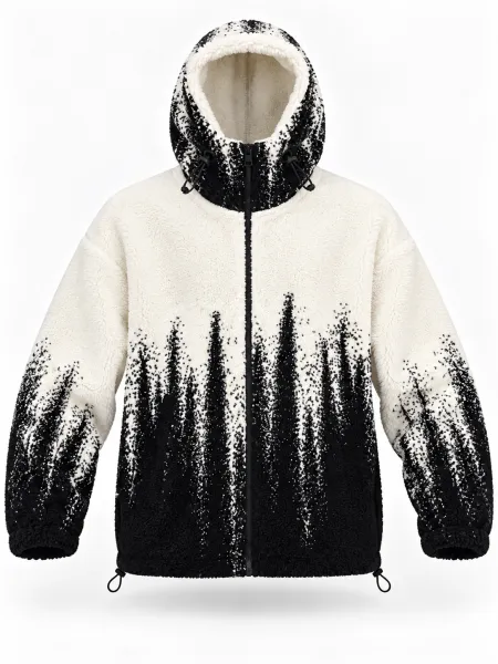 Atlas — Veste à capuche zippée à texture bouclée et motif contrasté, Écru/Noir, M