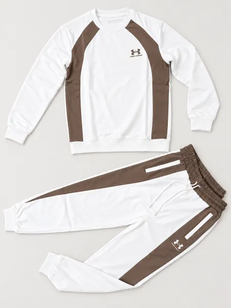 Élan — Ensemble sweat et pantalon à empiècements contrastants, Blanc/Marron