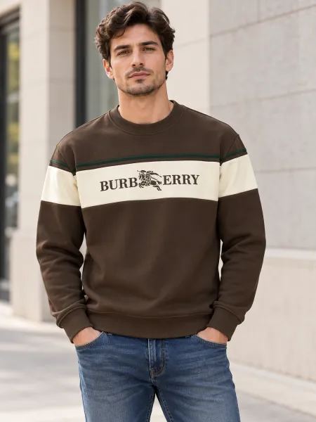 Équinoxe — Sweat à col rond et bande poitrine contrastante, Marron / Écru, L