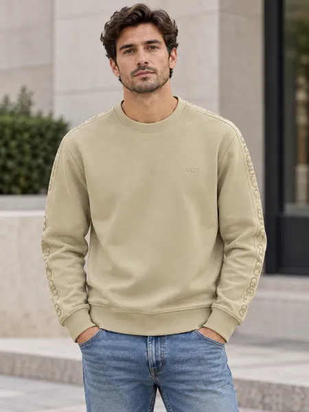 Linéa — Sweat à col rond et bandes ton sur ton aux manches, Beige, L