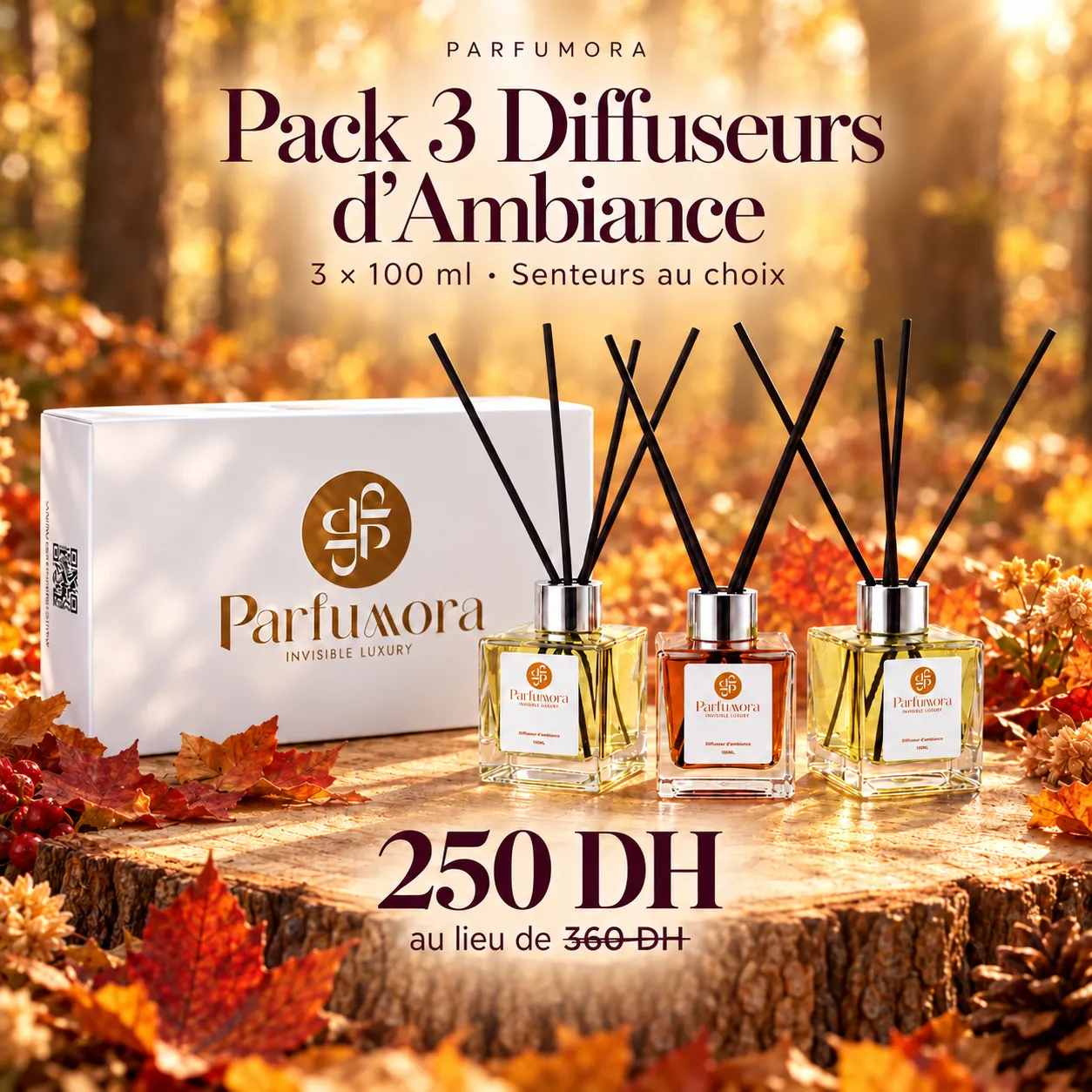 Pack 3 Diffuseurs d’Ambiance — 250 DH au lieu de 360 DH.