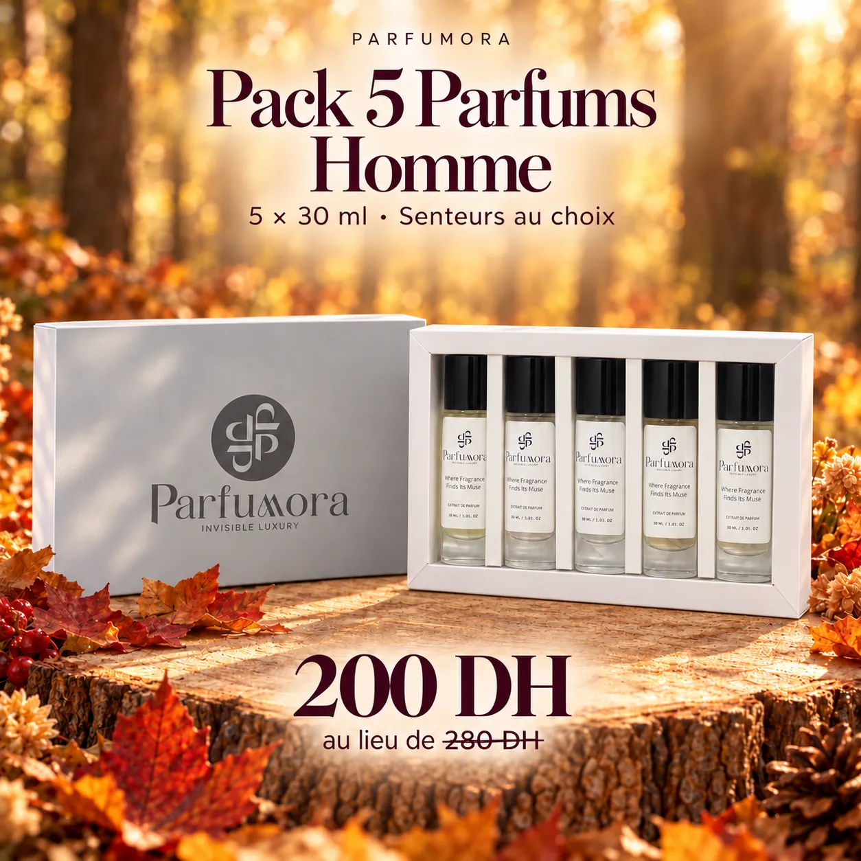 Pack 5 Parfums Homme — 200 DH au lieu de 280 DH.