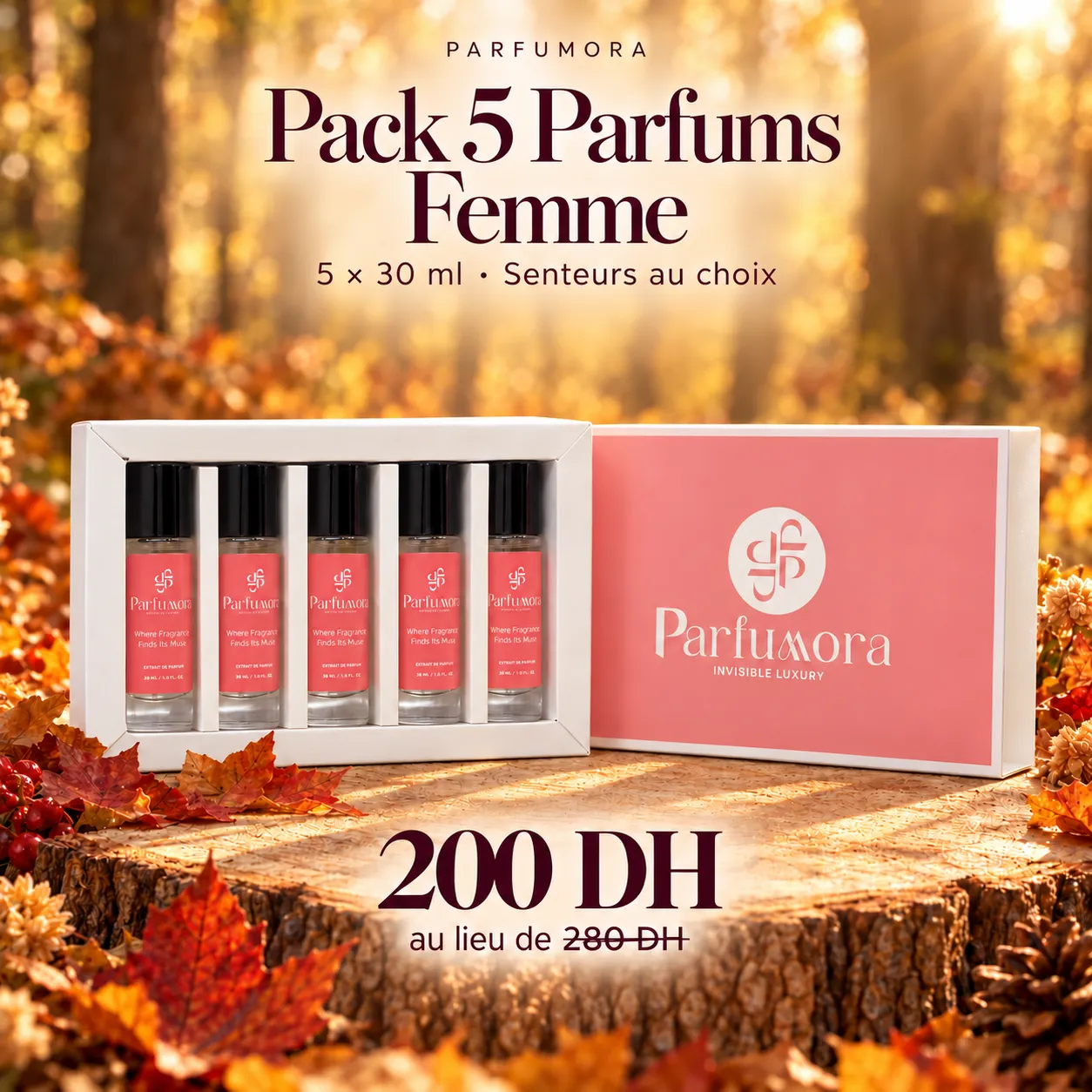 Pack 5 Parfums Femme — 200 DH au lieu de 280 DH.