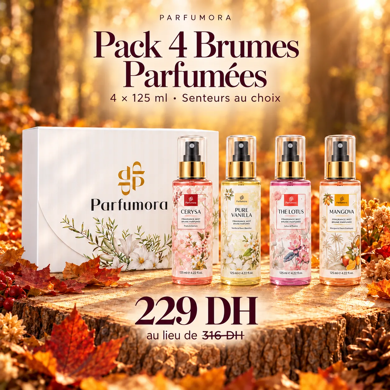 Pack 4 Brumes Parfumées — 229 DH au lieu de 316 DH.