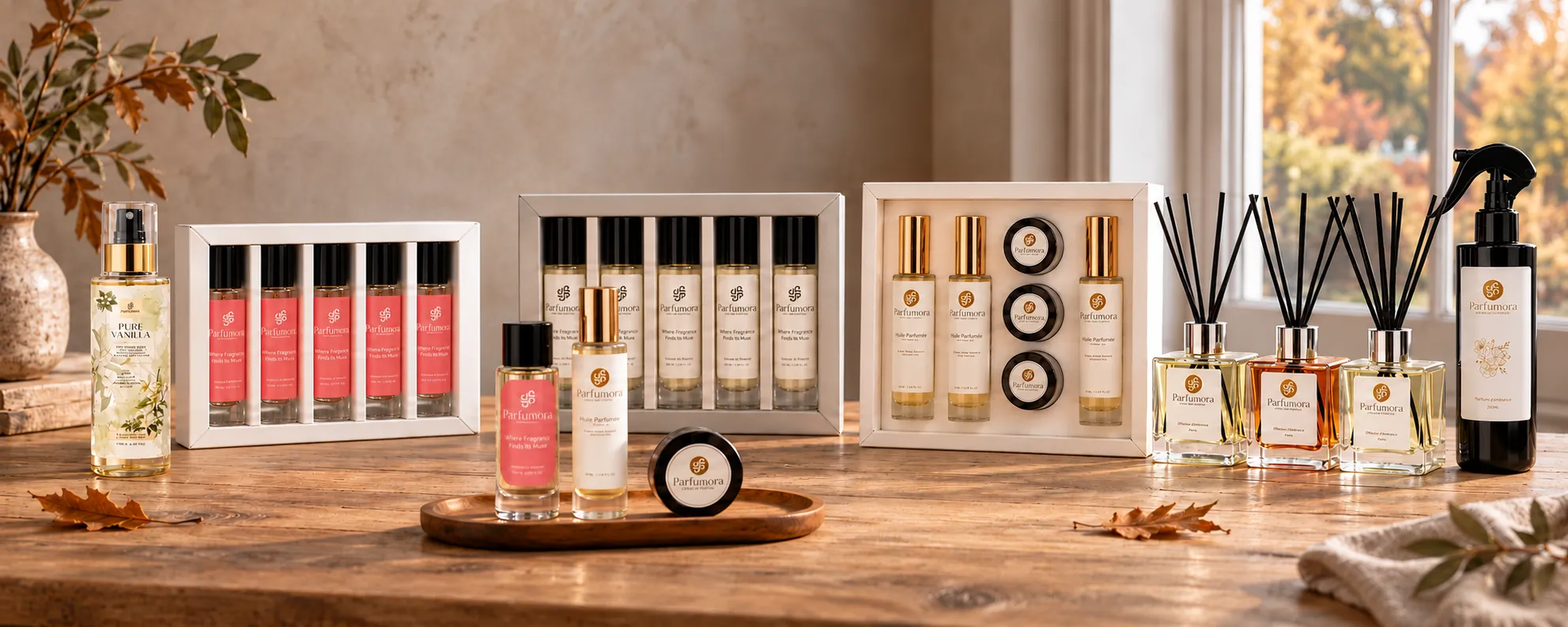 Parfums, huiles, parfums solides, brume, parfum d’ambiance, diffuseurs et coffrets Parfumora sur bois dans une composition automnale naturelle